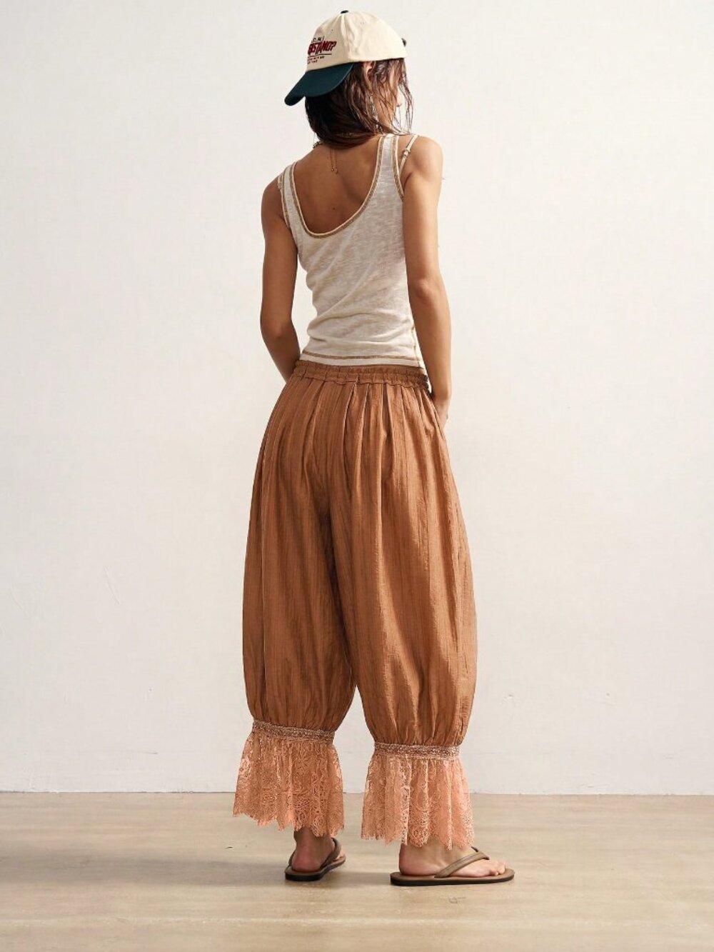 Brown Casual womens  Stretchy Waist Lace hem Bloomers Pants - Picture 4 of 7